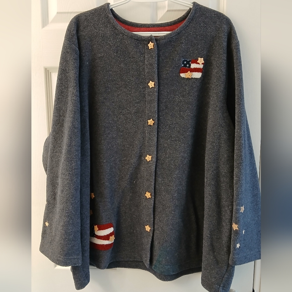 CJ Banks Women’s 3X Patriotic Fleece Jacket Flags/Wooden Star Buttons